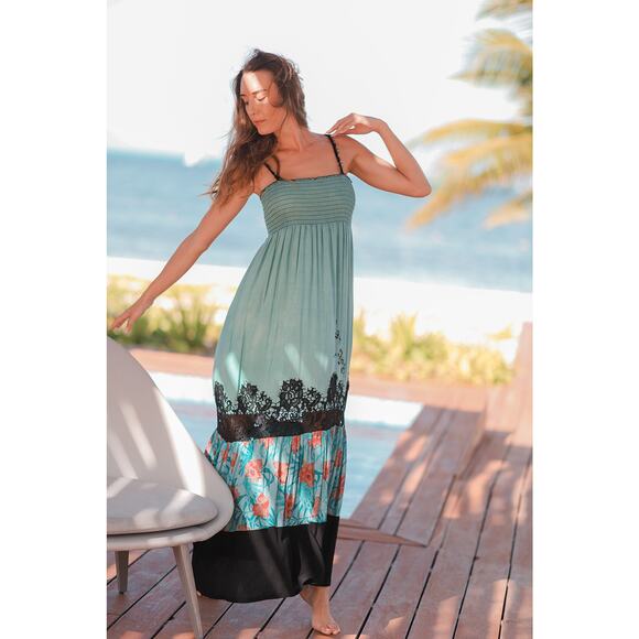 Resort Maxi Dress by T. Zovich Mixed Media Green Floral V-Neck Spaguetti Smocked - Picture 1 of 16
